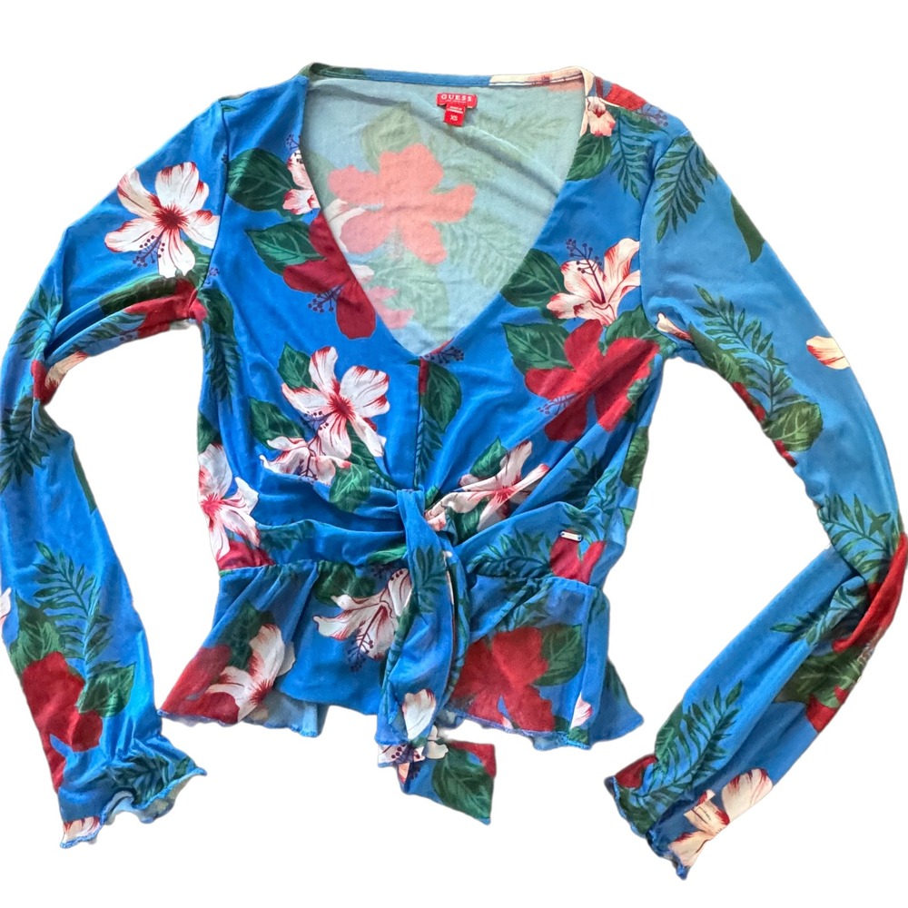 Guess Womens Tropical Hibiscus Floral Mesh Front Tie Peplum Top Blue XS Y2K